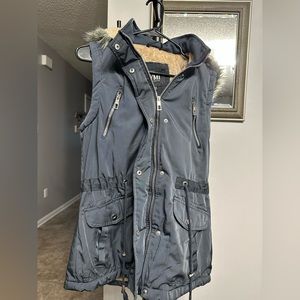 NWT Navy Blue Vest w Fur lining & Gray Fur Hood